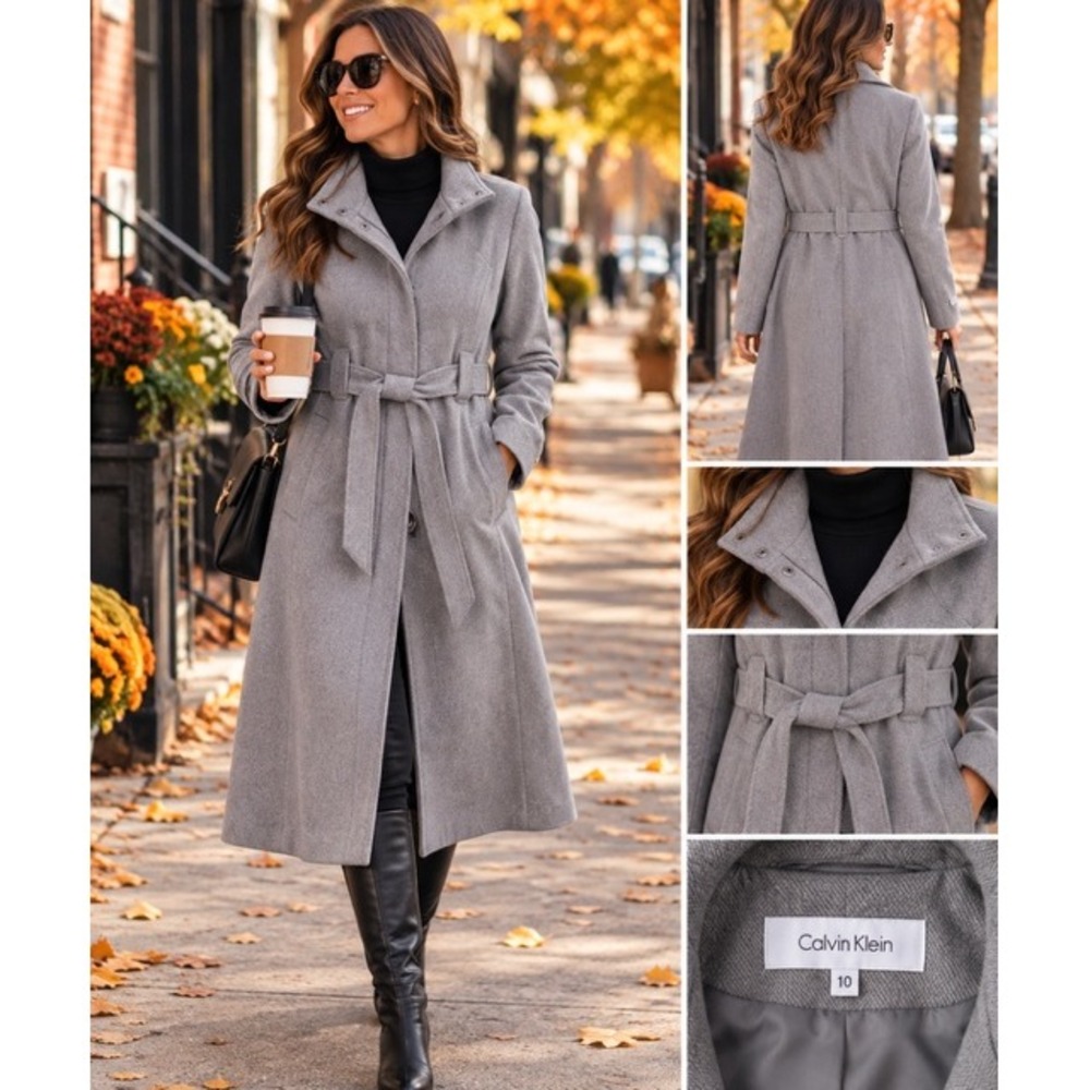 Calvin Klein Womens Gray Wool Blend Belted Funnel Neck Maxi Coat Size 10